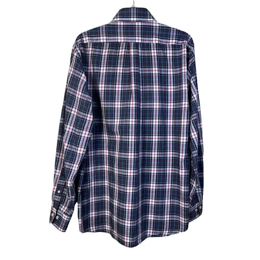 Peter Millar Long Sleeve Button Up Dress Shirt Blue Pink Plaid Sz Large L Cotton